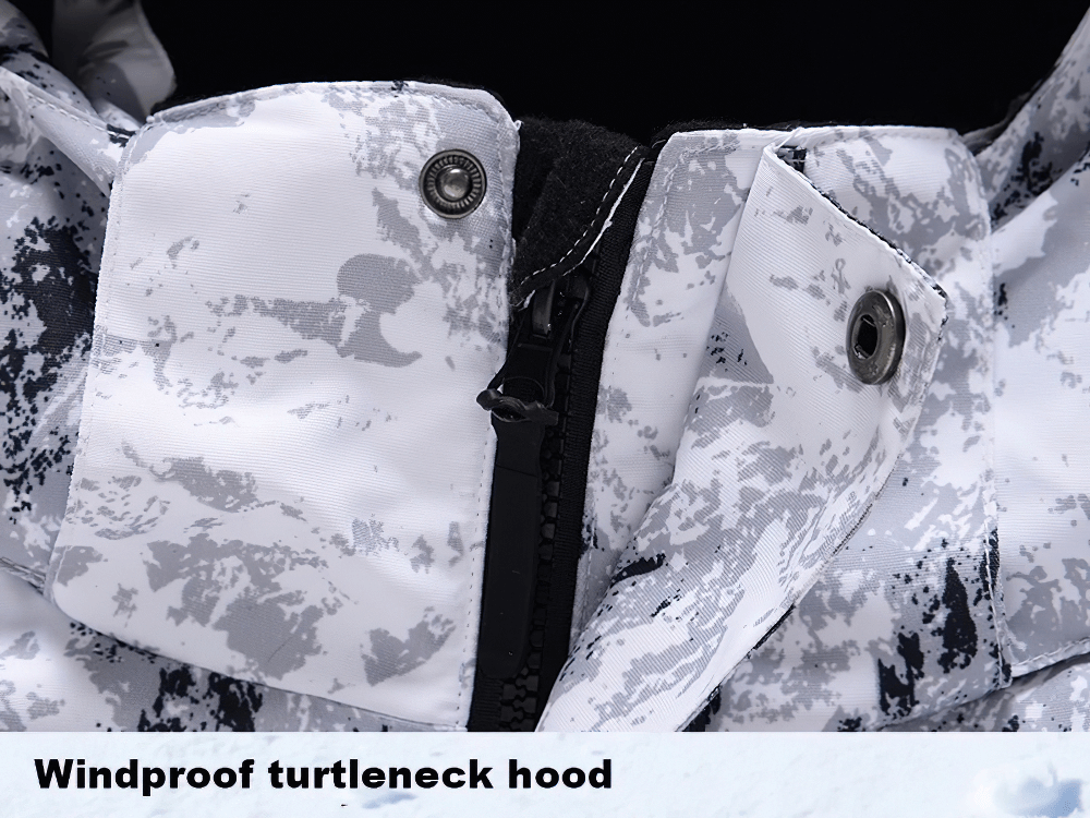 Close-up of stylish ski-ready jacket with windproof white turtleneck hood, perfect for winter sports and protection against the elements.